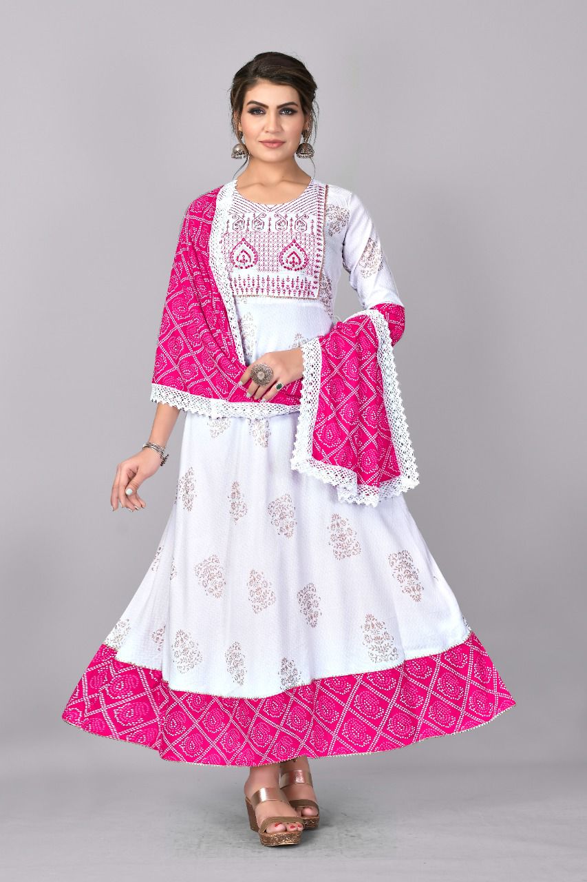 White Feather 1001 Designer Fancy Ethnic Wear Rayon Kurti With Dupatta Collection